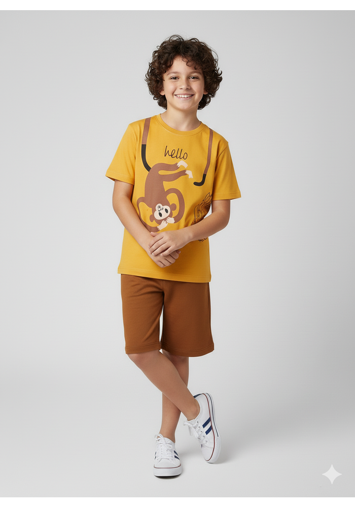 Conjunto Infantil Menino Algodão Premium Macaco Kangulu Amarelo
