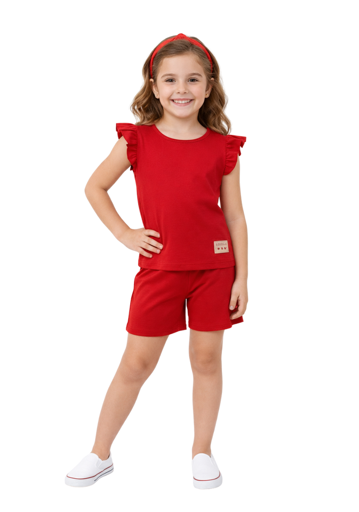 Conjunto Infantil Menina Capibara Regata + Shorts Vermelho