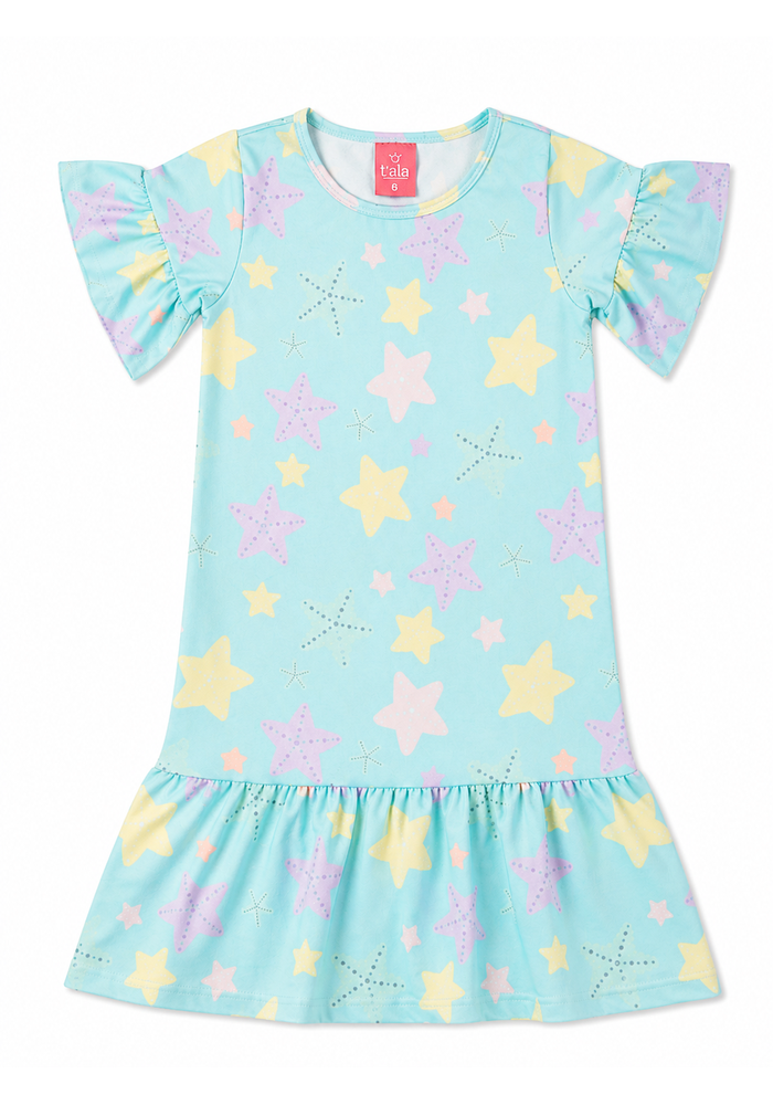 Vestido Infantil Menina Com Babado e Estrelas Azul